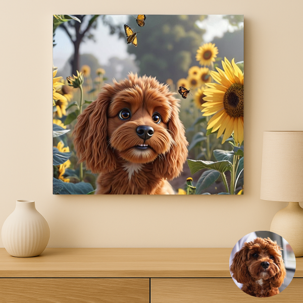 Custom pet artwork printed on premium canvas – 3D animated style – Buddy & Mo Co.
