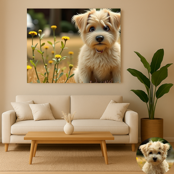 Custom pet artwork printed on premium canvas – 3D animated style – Buddy & Mo Co.