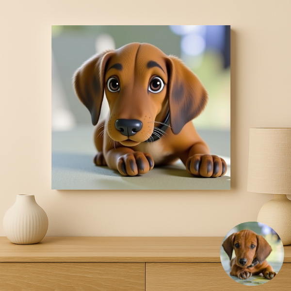 Custom pet artwork printed on premium canvas – 3D animated style – Buddy & Mo Co.