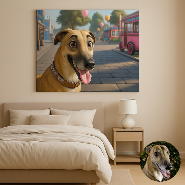 Custom pet artwork printed on premium canvas – 3D animated style – Buddy & Mo Co.