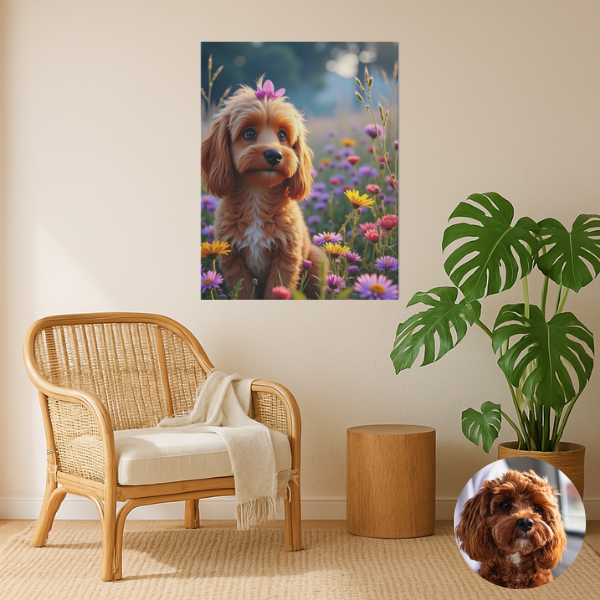 Custom pet artwork printed on premium canvas – 3D animated style – Buddy & Mo Co.